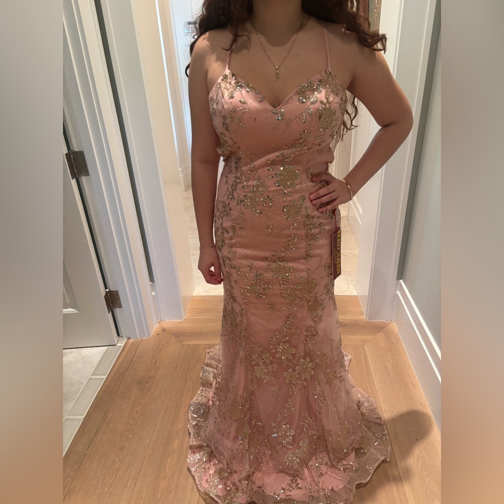 Glamorous Pink and Gold Floral Prom Dress